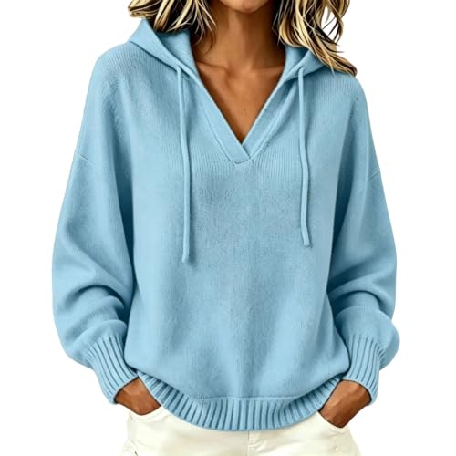 Womens Hooded Sweaters Long Sleeve V Neck Drawstring Cable Knit Sweater - image 9