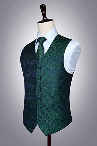 Hisdern Men's Classic Suit Vest Tie Set Paisley Floral Jacquard Necktie Pocket Square Handkerchief Formal Waistcoat For Wedding Prom Or Tuxedo Green Navy #TOP6