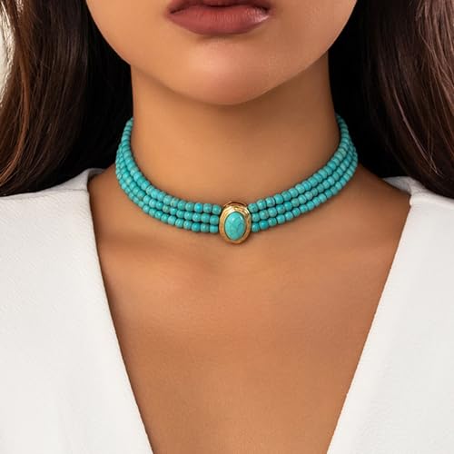 Octwine Boho Round Imitation Turquoise Layered Choker Necklace Multi Strands Vintage Choker 1920s Bridal Wedding Christmas Vintage Shiny Necklace for Women2