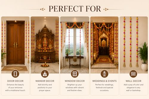 Image of Bindian Pom Pom Beads & Golden Bell Toran for Main Door, Pack of 10 Home Decor Wall Hanging Decoration, Door Hanging Decorative Items, Pooja Room Decor, Festival Decoration