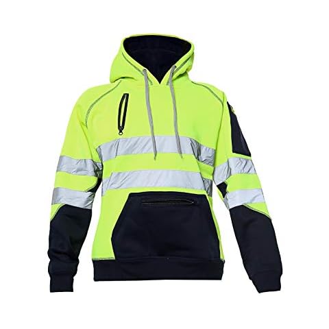 Hi Vis 3 Zips Hoodie High Visibility Reflective Tape Band Work Fleece Safety Hooded Top Phone & ID Pockets Pullover Hood SweatShirts Jacket Warm Security Plus Sizes Small - 5XL (M, Yellow Pullover) Cover