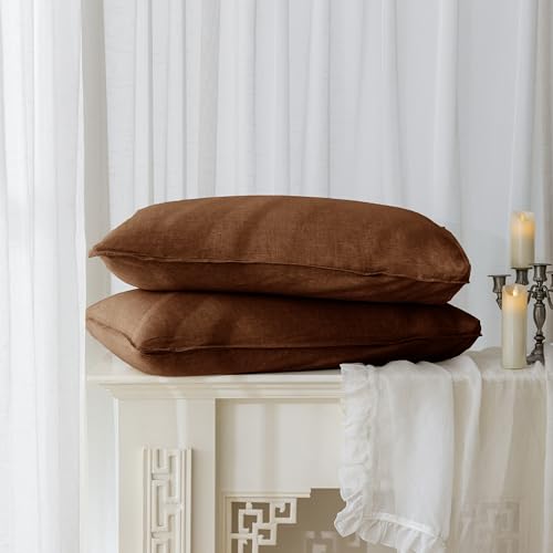 EVERLY 100% Linen Pillowcases Set of 2, Envelope Overlap Closure French Natural Washed Flax Pillowcases 20x30 inches-Chocolate