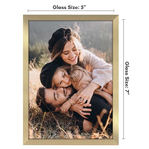 Image of Americanflat 5x7 Picture Frame with Shatter-Resistant Glass - Streamline Collection - Thin Border Photo Frame for Tabletop and Wall Display - Hanging Hardware and Easel Stand Included - Gold