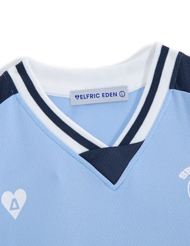 Aelfric Eden Jersey Shirts Color Blocking V-Neck Tee Oversized Vintage T Shirt Short Sleeve Casual Summer Tops Light Blue — view 4