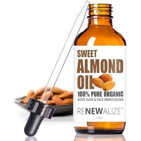 Organic Sweet Almond Oil MOISTURIZER - in 4 oz Glass Bottle with Dropper | Unrefined Cold Pressed Skincare Lotion | Essential Natural Personal Massage Oils for The Skin and Body Cover