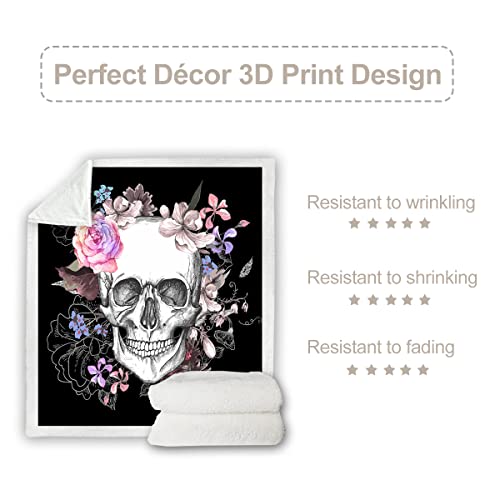 Sleepwish Sugar Skull Blanket Fleece Skull Throw Blanket Black Pink Skull Flower Rose Blanket For Women Girl Skull Fuzzy Sherpa Plush Blanket For Bed Couch Sofa Chair Office (50"X 60") #TOP4