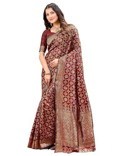 Image of Satrani Women's Silk Banarasi Weaving Saree with Unstitched Blouse Piece