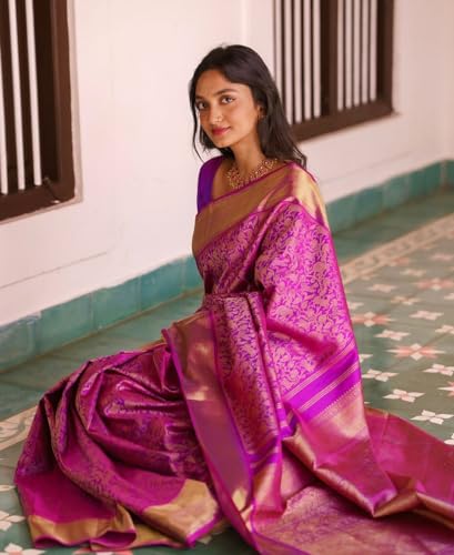 Image of Flosive Women's Kanjivaram Silk Saree With Beautiful Blouse With Zari Border