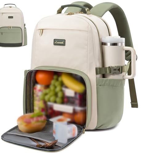 LOVEVOOK Lunch Backpack with Lunch Compartment,15.6 Inch Laptop Work Travel Insulated Cooler Backpack,Waterproof College Teacher Lunch Bag Box,Gifts for Men Women,White-Bean Green-Dark Olive Green