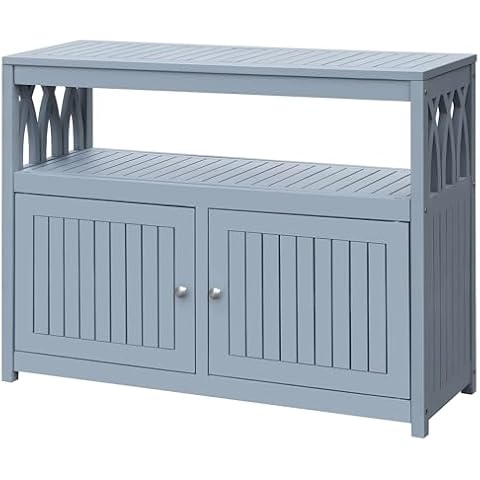 Greesum 2-Tier Outdoor Storage Cabinet in Acacia Wood, with 2 Magnetic Doors, for Garden, Picnic, Buffet, TV Stand, or Bar Table, Grey Cover