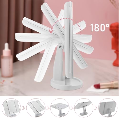 Image of SINZUX Vanity Cosmetic Mirror, 21 LED Lights, Touch Screen, Tri-Fold 2X 3X 10X Magnifying Mirror, 180Free Rotation, Dual Power Supply, White, 24L x 18W cm
