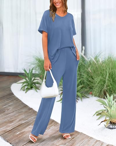 dowerme Summer Outfits For Women 2025 Casual 2 Piece Lounge Wear Pullover Top Wide Leg Pant Sets Beach Vacation Clothes3