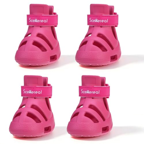 SCENEREAL Dog Shoes for Hot Pavement, Non-Slip Breathable Perforated Boots for Small Medium Large Dogs Girl, Pink EVA Pet Paw Protectors for Summer, Easy Cleaning, Rose Red Size 9
