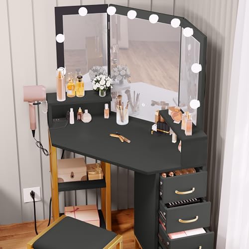 YITAHOME-Vanity-Desk-with-Lighted-Mirror-Corner-Vanity-with-Power-Outlet-3-Color-Modes-Adjustable-Makeup-Table-Set-with-4-Drawer-Stool-Bedroom-Dark-Black YITAHOME Vanity Desk with Lighted Mirror Corner Vanity with Power Outlet 3 Color Modes Adjustable Makeup Table Set with 4 Drawer Stool Bedroom Dark Black