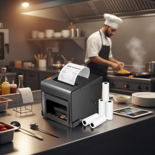 Fuhuihe 80mm Thermo-POS-DruckerWindows | 300 mm/s Auto-Cutter | Inkl. 5 Rollen Papier | Für Gastronomie & Einzelhandel (8360+USB+LAN​)