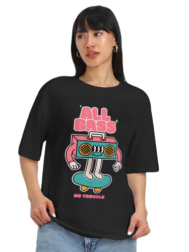 Image of JUNEBERRY 100% Pure Cotton Oversized Loose Fit Half Sleeve Cool Front Chest Graphic Printed Round Neck Drop Shoulder T-Shirt for Women S to 2XL