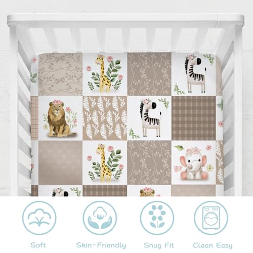 Image of Baby African Safari Animals Crib Sheets 52''x28'' Lion Elephant Giraffe Hippo Zebra Floral Leaves Stretchy Fitted Crib Mattress Cover for Boy Girl Soft Baby Sheets for Standard Crib Toddler Mattress