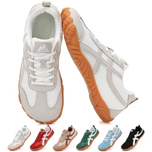 Barefoot Shoes for Women Wide Toe Box, Minimalist Zero Drop Sneakers,Casual Hiking Shoes,Lightweight Walking Shoes for Plantar Fasciitis,Comfortable Wide Width Fashion Tennis Shoes Fashion Breathable Non-Slip Unisex(Striped off-white 8 Women/6 Men)