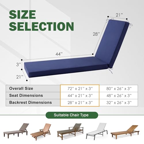 Aegisun Chaise Lounge Cushions Outdoor, 72x 21x 3 Inch Waterproof & Fade-Resistant Lounge Chair Cushion, Outdoor Chaise Cushion with Removable Cover & Ties for Lawn, Patio, Pool & Beach, Navy Blue - image 3
