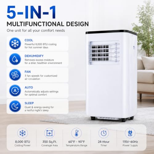 Humcalo Portable Air Conditioner, 10000 BTU Air Conditioner Portable, 5-in-1 Air Conditioner with Built-in Heat Sink, Dehumidifier, Fan, Sleep Mode & Remote Control for Room up to 350 Sq. — view 5