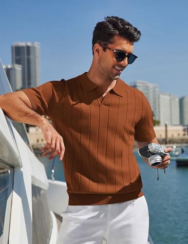 Image of COOFANDY Mens Polo Shirts Short Sleeve V Neck Knit Shirts for Men Casual Old Money Clothes Mens Golf Shirt