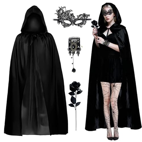 Byhsoep 5PCS Capa Negra con Capucha, Capa de Bruja, con Máscara de Encaje, Cadena de Anillo Gótica, Medias y Rosas Negras, CApa Halloween Mujer, Disfraz de vampiro para una fiesta de Halloween