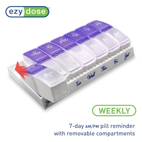 Image of Ezy Dose Weekly (7-Day) Daily Pill Case, Medicine Planner, Vitamin Organizer, 2 Times a Day AM /PM, Small Pop-out Compartments, Arthritis Friendly, Easy to Use, Pearlescent and Lavender Lids, BPA Free