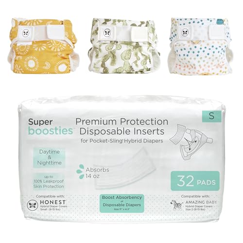 Image of Super Boosties 32ct + Honest Hybrid Cloth Diaper Cover with Pocket-Sling, Small (8-15 lbs), Stops Nighttime Leaks, Boosties Disposable Diaper Inserts, Honest Cotton Muslin Covers, 3 Pack, Starter Kit