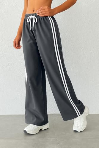 Image of SAKHWALA Women Track Pant | Women's Wide Leg Track Pants High Waist Drawstring Sweatpants with Side Stripes, Casual Loose Fit Lounge Joggers, Dark Grey