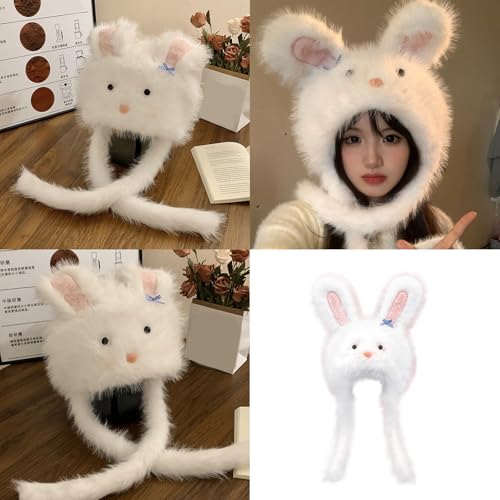Furry Cartoon Head Covering with Ear for Girls Cartoon Hat with Bowknot Oversized Headgear Hat for Winter Photo Props2