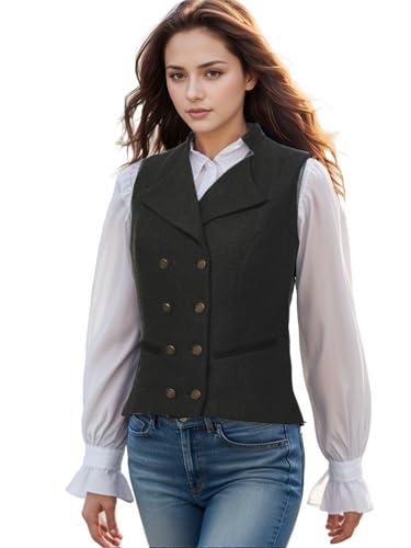 UniqKaliber V-Neck Suit Vest for Women, Tweed Work Wear Slim Fit Waistcoat Office Double Breasted Business Lapel Dressy Vest