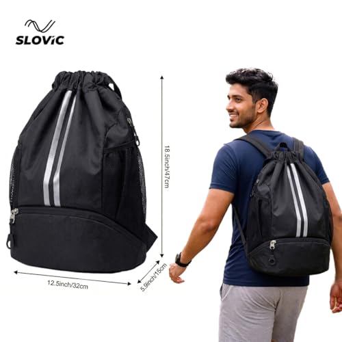 Image of SLOVIC Drawstring Bag for Man [22 LTR] | Gym Bag for Men with Separate Shoe Compartments | Durable Backpack Bag for Man | Backpack Bags for Women | Ideal for Gym, Travel & Sports | Black