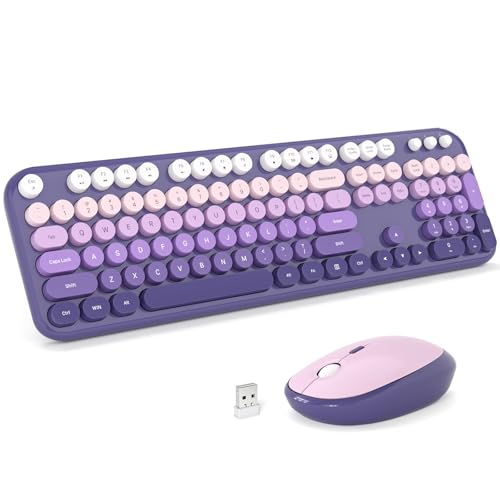 Image of KNOWSQT Wireless Keyboard Mouse Combo - Lovely Purple-Gradient Rainbow Full-Sized Typewriter Colorful Keyboards, Round Keycap Plug Play Retro Cute Keyboards for Windows, Laptop, PC, Desktop, Computer