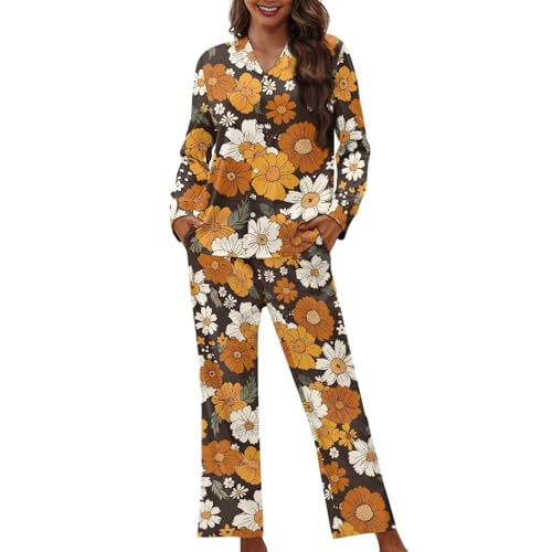 Pyjama femme doux et respirant ensemble manches longues et pantalon à imprimé fleurs taille L