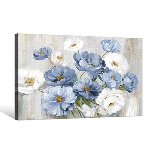 Goldfoilart Blue Flower Wall Art Light Blue and White Floral Canvas Print, 36"x24" Large Modern Flower Picture for Living Room Bedroom Bathroom Home Decor - Image 3