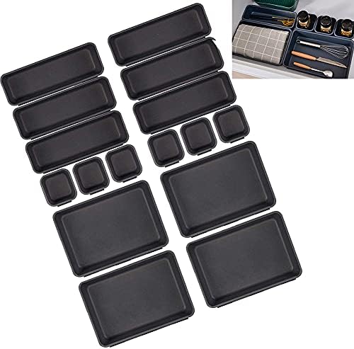 16PCS Desk Drawer Organisers Trays, 3-Size Plastic Makeup Drawer Storage Dividers with Non Slip Dots, Interlocking Adjustable Drawer Storage Trays for Kitchen & Home Office, Black