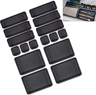 16PCS Desk Drawer Organisers Trays, 3-Size Plastic Makeup Drawer Storage Dividers with Non Slip Dots, Interlocking Adjustable Drawer Storage Trays for Kitchen & Home Office, Black