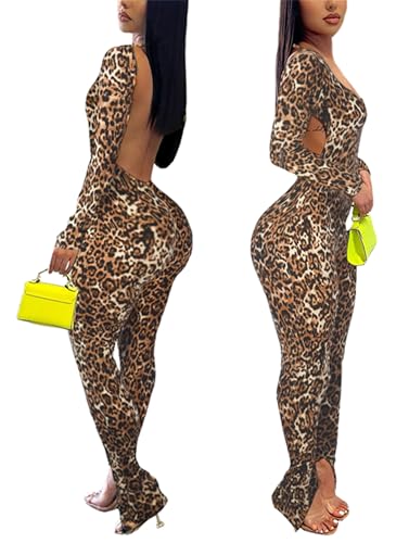 Hafailia Bodycon Jumpsuits for Women Sexy Backless Leopard Long Sleeve High Wasited One Piece Outfits Catsuits Brown Cheetah Print S