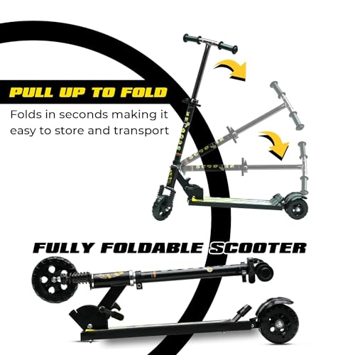 Image of Kick Steel Scooter for Kids, 3 Adjustable Height Scooter, Foldable & Attractive PVC Wheels with Rare Brakes for Kids Age Upto 3+ Years Strong Steel Base Heavy Dute Upto 70kg (with Shocker) (Black)
