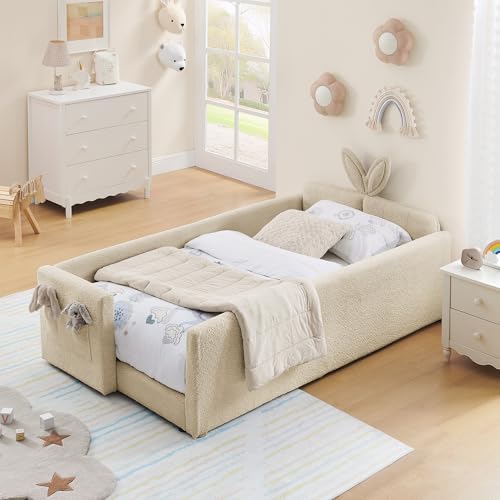 Image of KEIKI Twin Size Upholstered Platform Bed Frame with Guardrail, Slats, Camel | Boucle Platform Bed with Cute Rabbit Ear Shaped Headboard, Pocket, for Boys and Girls, No Box Spring Required, Easy Assembly