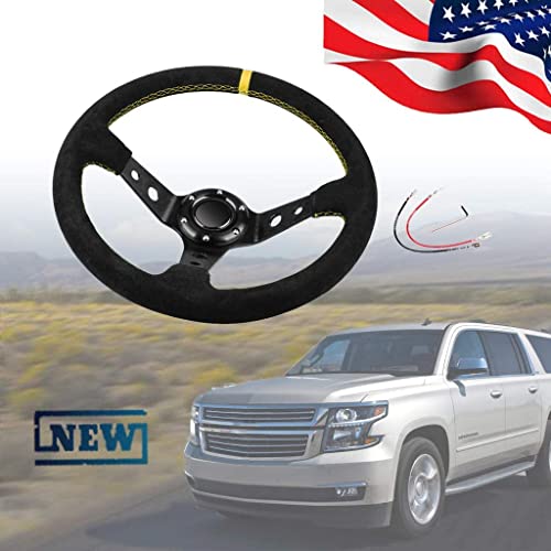 Runigoo Steering Wheel, 350Mm Deep Dish 6 Bolt For Jdm Sport Racing Steering Wheel Suede Horn Button Us Included, Cable, Wrench 14In (Black Yellow) #TOP1