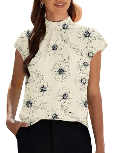 Image of Funlingo Womens Summer Tops Mock Neck Short Cap Sleeve Blouses Business Casual Work Chiffon Shirts Front Pleated Tunic Top