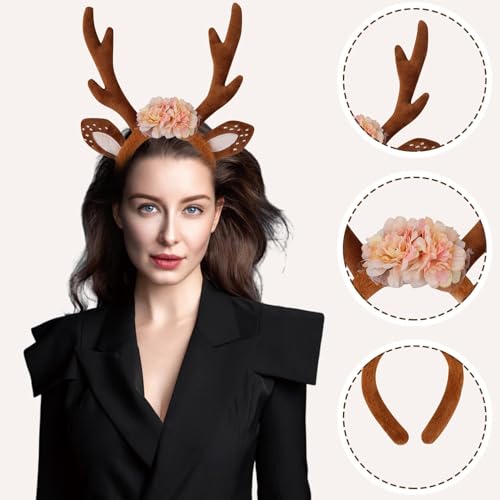 Reh Kostüm Damen, Rentier Kostüm, Hirsch Blumenstirnband und Tüllrock Braun, Karneval Cosplay Kostüms mit Gesichtsaufkleber, Elch Cosplay für Halloween, Karneval, Mottoparty