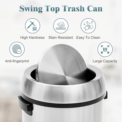 Image of GAOMON 65L /17Gal Heavy Duty Brushed Stainless Steel Outdoor Trash Can, Large Kitchen Round Swing Top