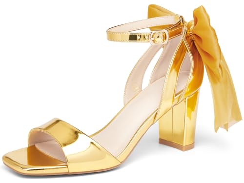 Image of Coutgo Women's Bow Tie Heeled Sandals Chunky Heels One Strap Satin Ankle Buckle Dress Wedding Shoes