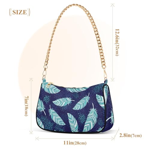 Tribal Green Feathers Blue Spots Medium Handbag Tote Womens Ladies Shoulder Bag Floral Zipper Small Hobo Purse with Chain Strap3