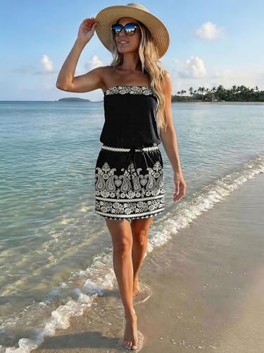 Image of Summer Dress for Women Strapless Beach Cover Ups Boho Sundress Mini Dress Drawstring Waist with Pockets