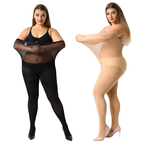 MANZI Women's 2 Pairs Plus Size Control Top Ultra-Soft Casual Tights XXXXL