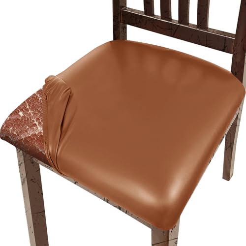 Image of Pu Leather Dining Chair Seat Covers Set of 2, Waterproof Kitchen Chair Covers Stretch Chair Cover for Kitchen /Dining Room /Hotel(Orange - 2 PCS)