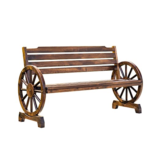 Mavalous Wagon Wheel Bench For Outdoor, 3-Person Seat Wooden Bench With Backrest, Rustic Benches Foroutside, Porch, Garden, Brown #TOP2